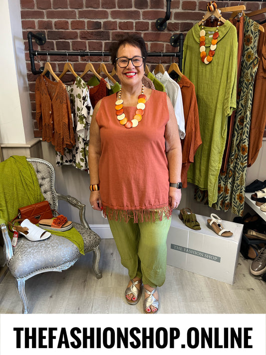 Saskia cinnamon linen mix tassel top 16-20