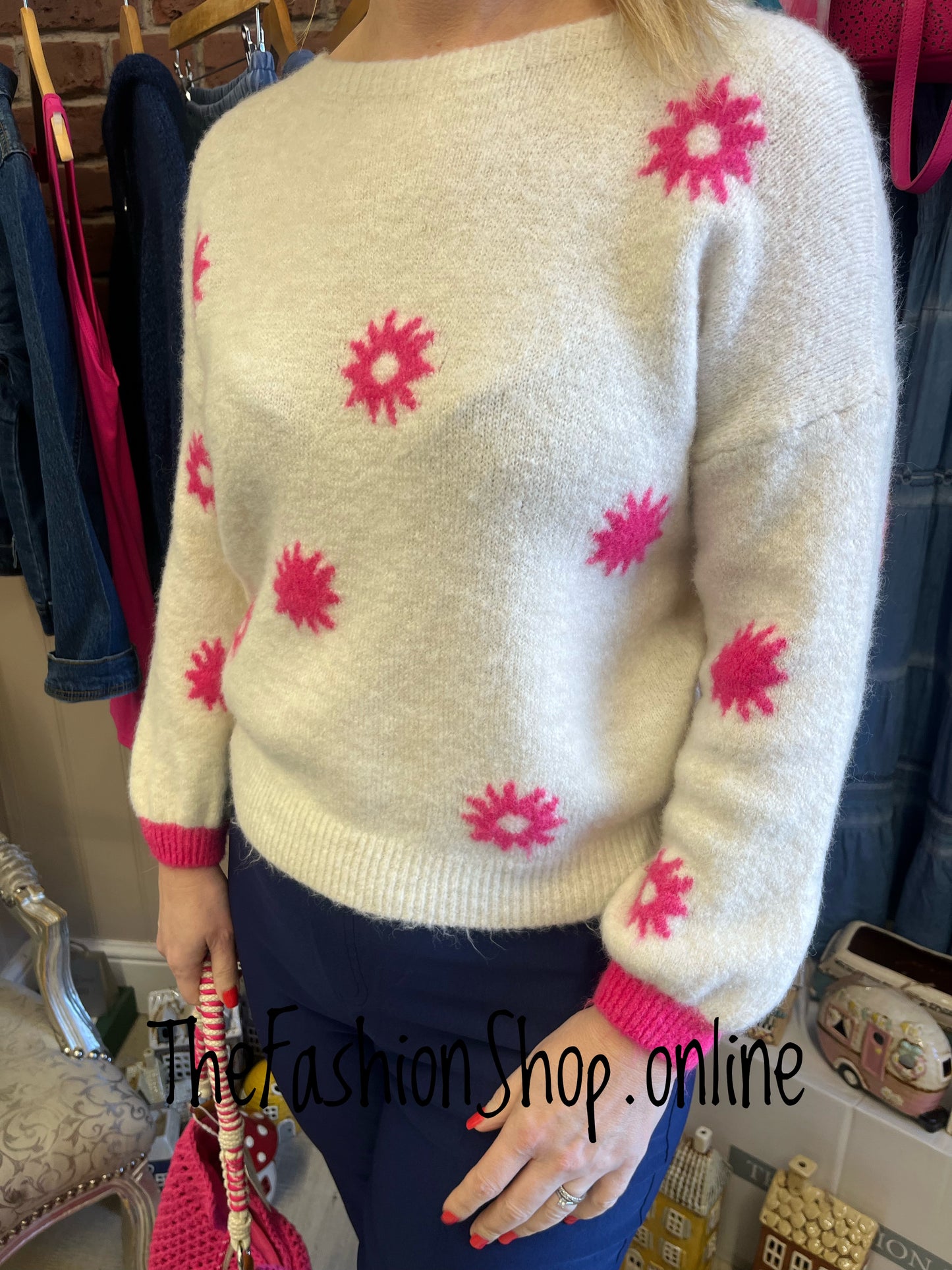 Kara hot pink and beige wool mix jumper 8-16
