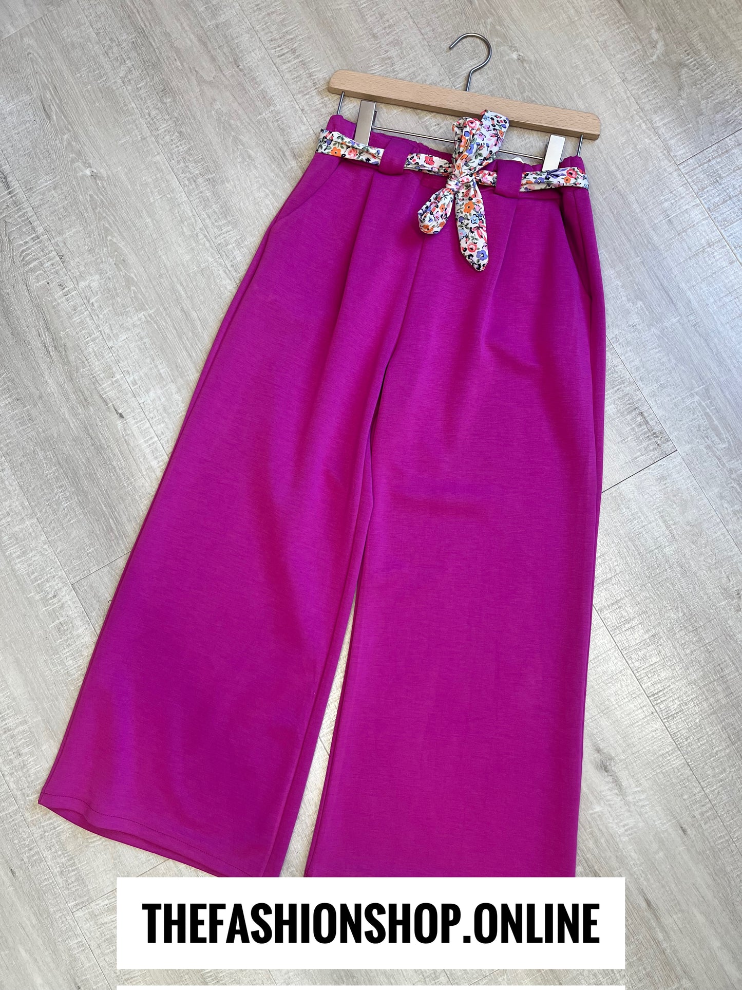 Bridget pink wide leg trousers with floral belt 8-12 and 14-16