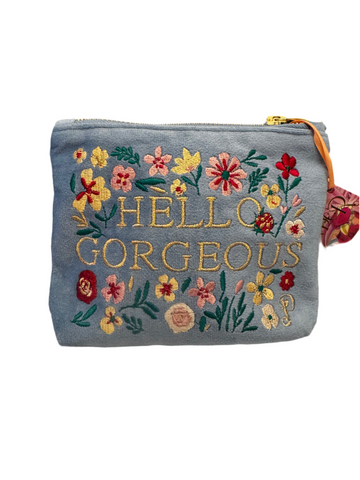 Powder Velvet Embroidered Mini Pouch with Hello Gorgeous Cosmetic Bag