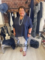 Abbie navy linen dipped hem top 16-24