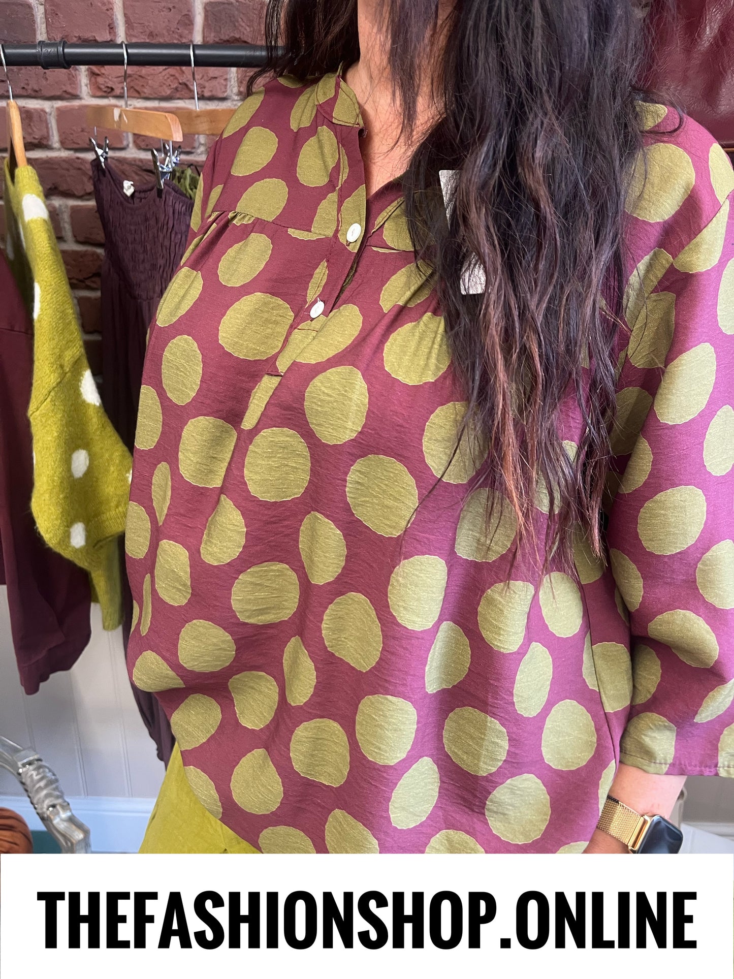 Lorena mulberry and olive spot tunic 14-20