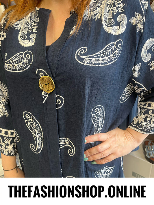 Andrea navy paisley linen mix dress 14-20