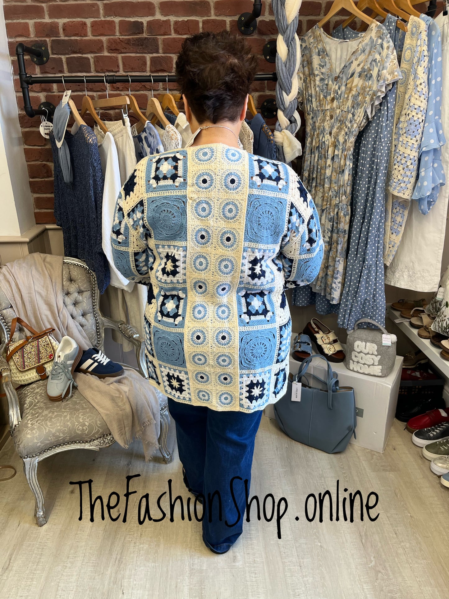 Emily navy, light blue and cream patterned crochet cardigan 14-22