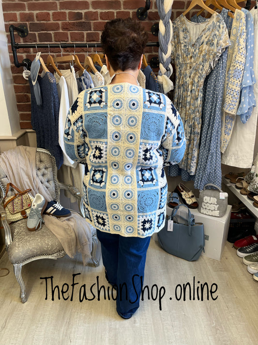 Emily navy, light blue and cream patterned crochet cardigan 14-22