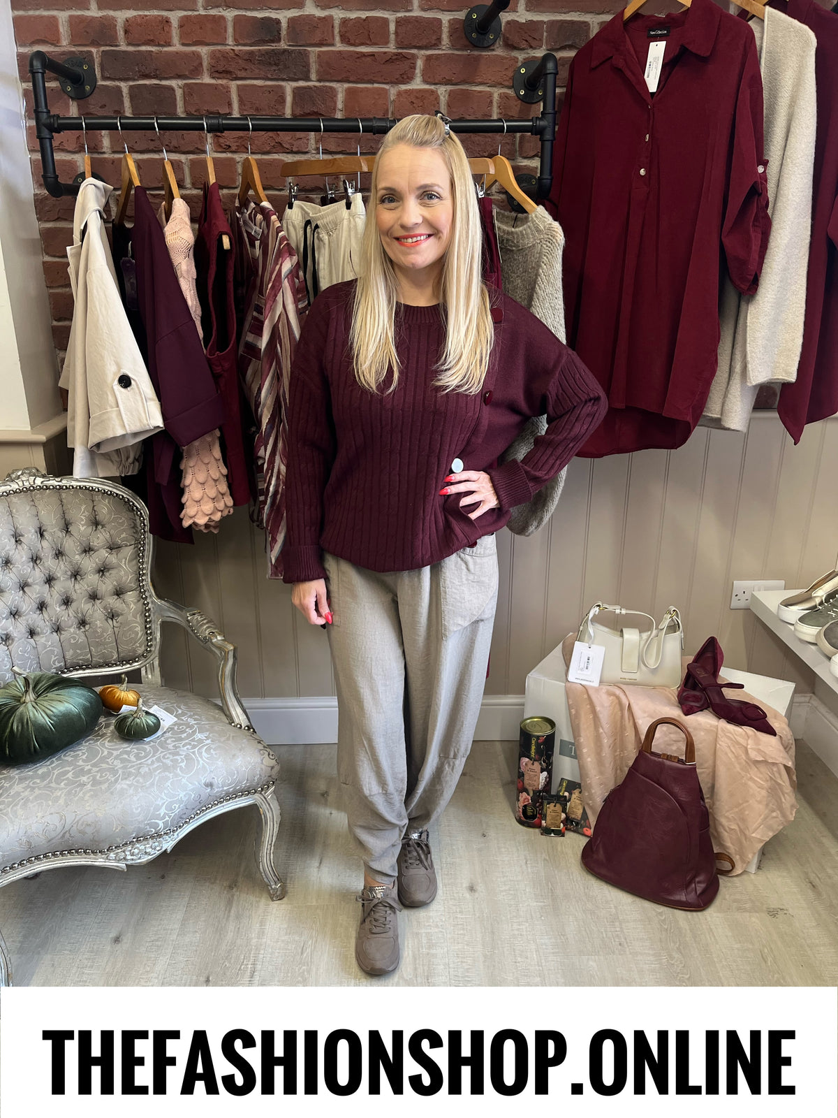 Alison wine cable knit button jumper 10-18