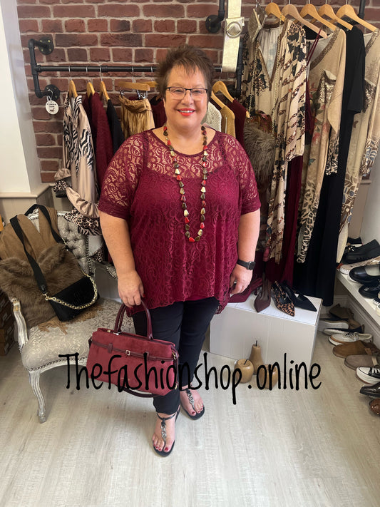 Luna wine high low lace top with vest 16-22