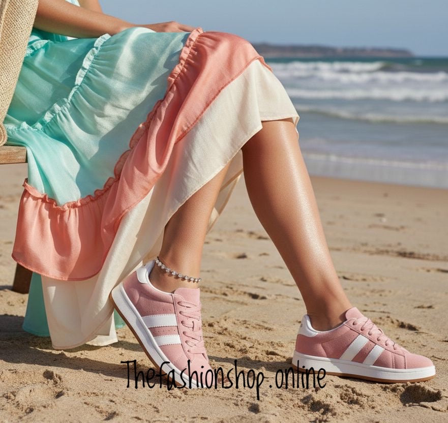 Elsie pink twin stripe faux suede trainers sizes 4-8 (37-41)