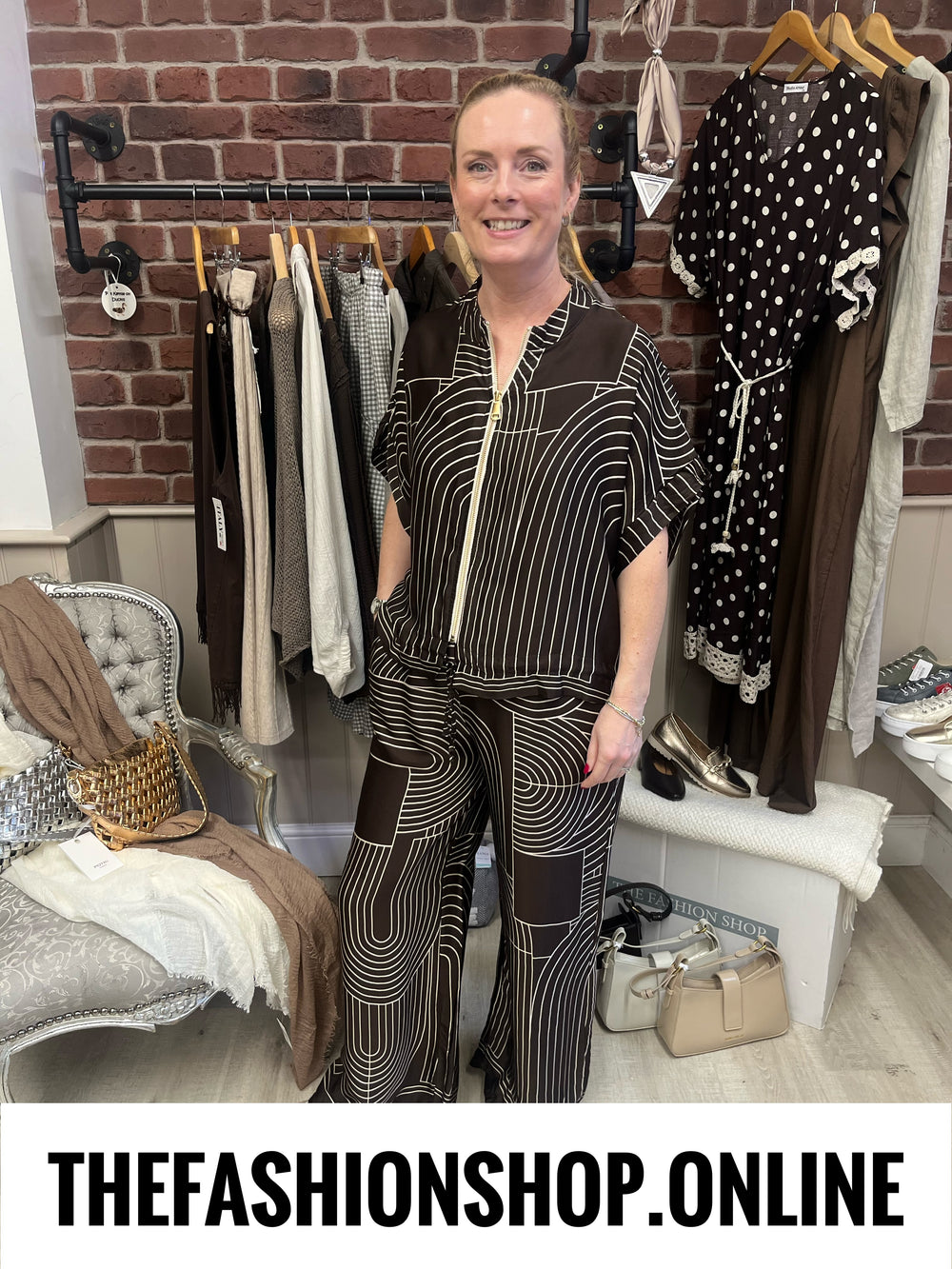 Deena brown geometric silk feel trousers 8-16