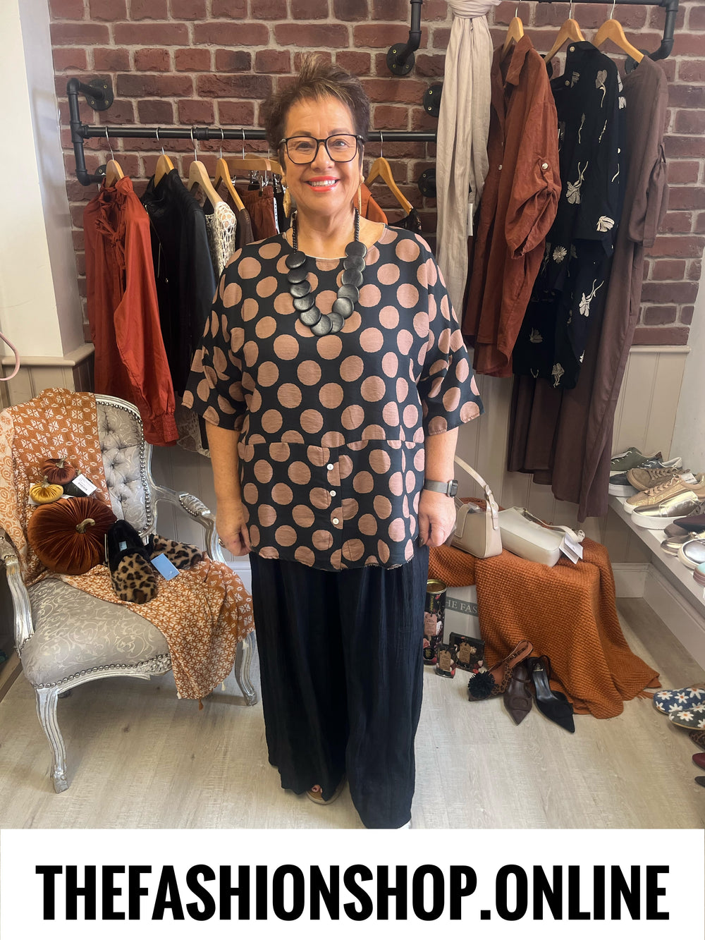 Nancy black and camel spot button top 14-20