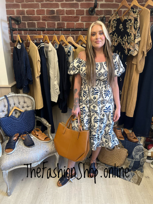 Darcy navy and cream midi dress sizes 8, 10 and 12