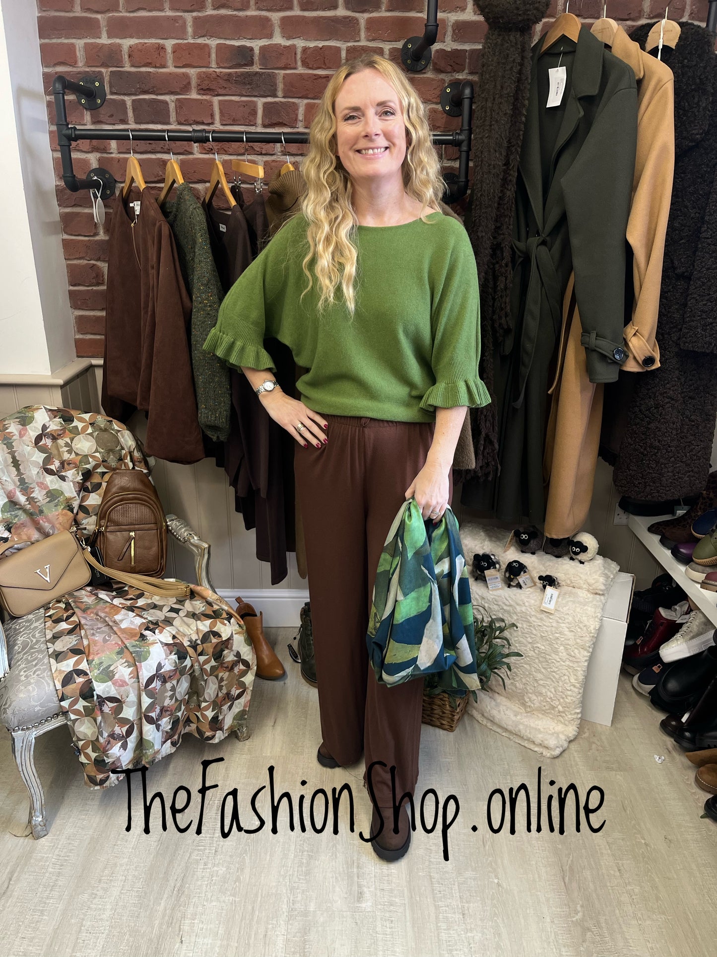 Tess green jumper with frill sleeve 8-14