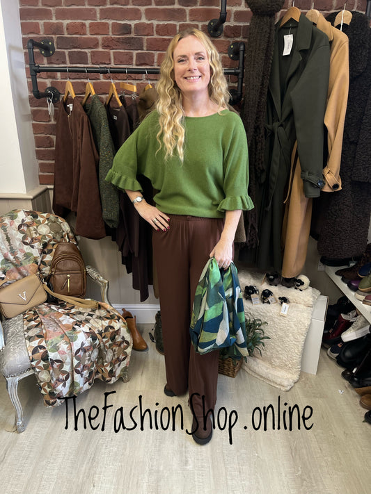 Tess green jumper with frill sleeve 8-14