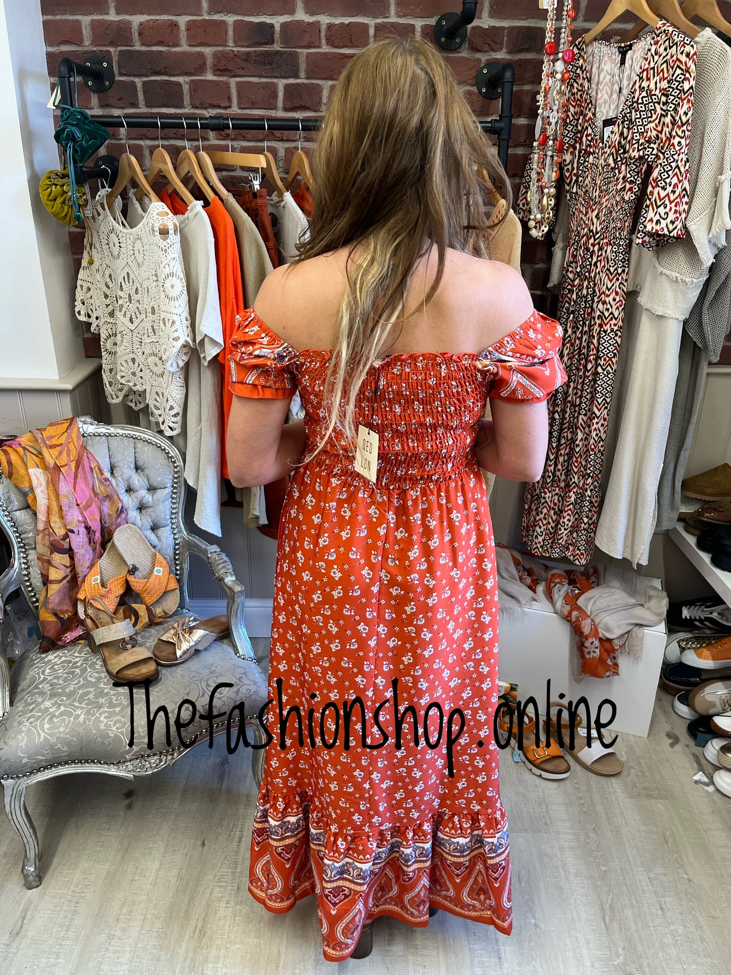 Ellie burnt orange floral puff sleeve dress sizes 8-16