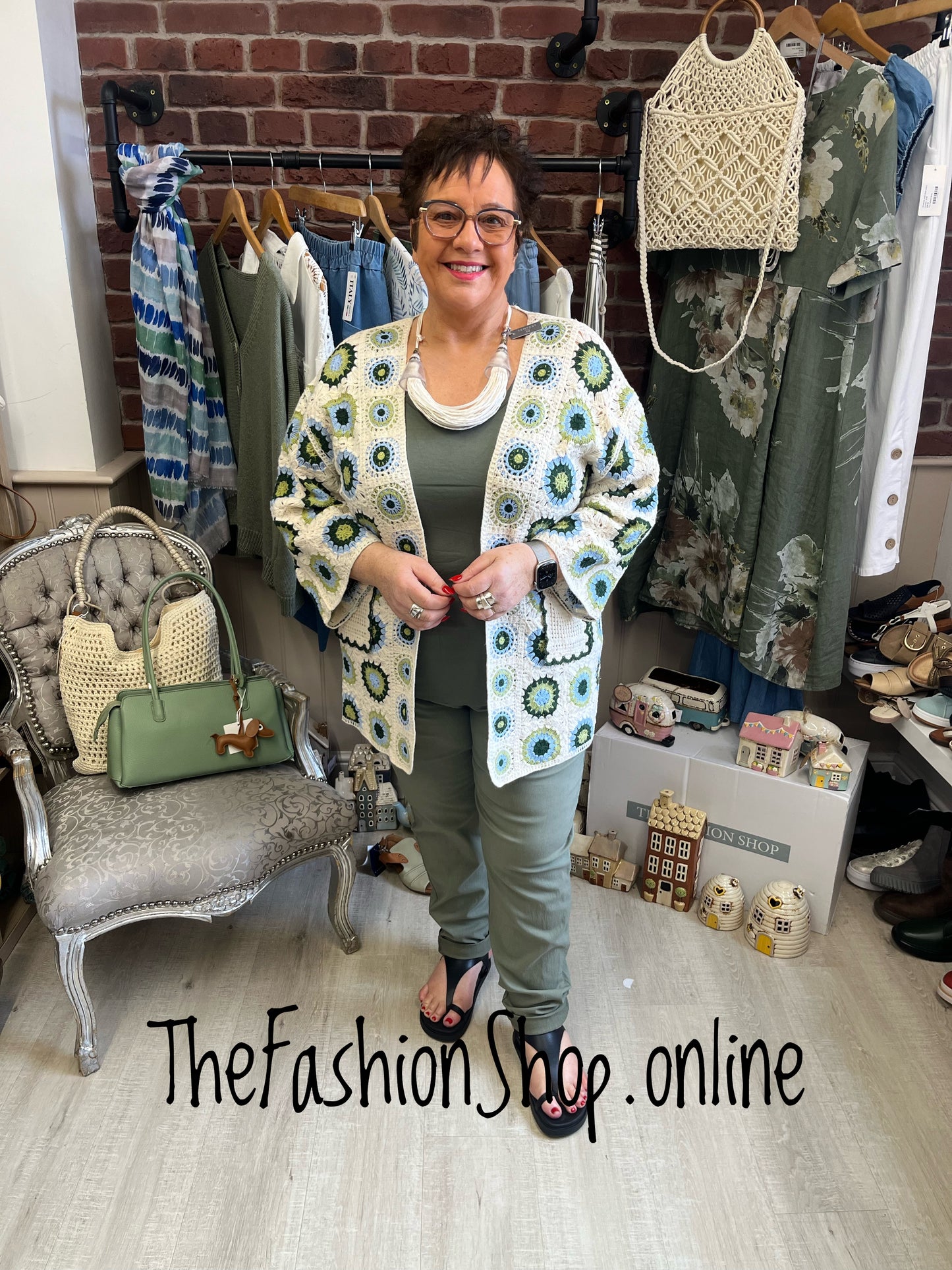 Emily light blue, green and cream patterned crochet cardigan 14-22
