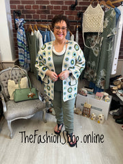 Emily light blue, green and cream patterned crochet cardigan 14-22