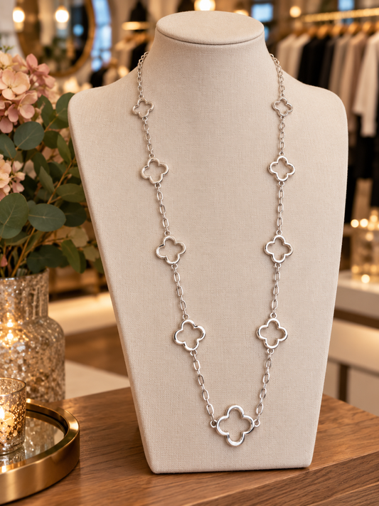 Envy long silver clover necklace