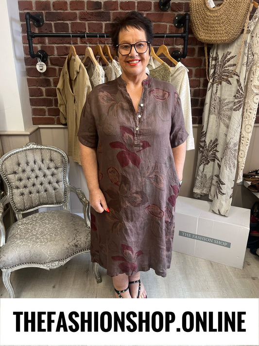 Wilma brown floral linen dress 12-18