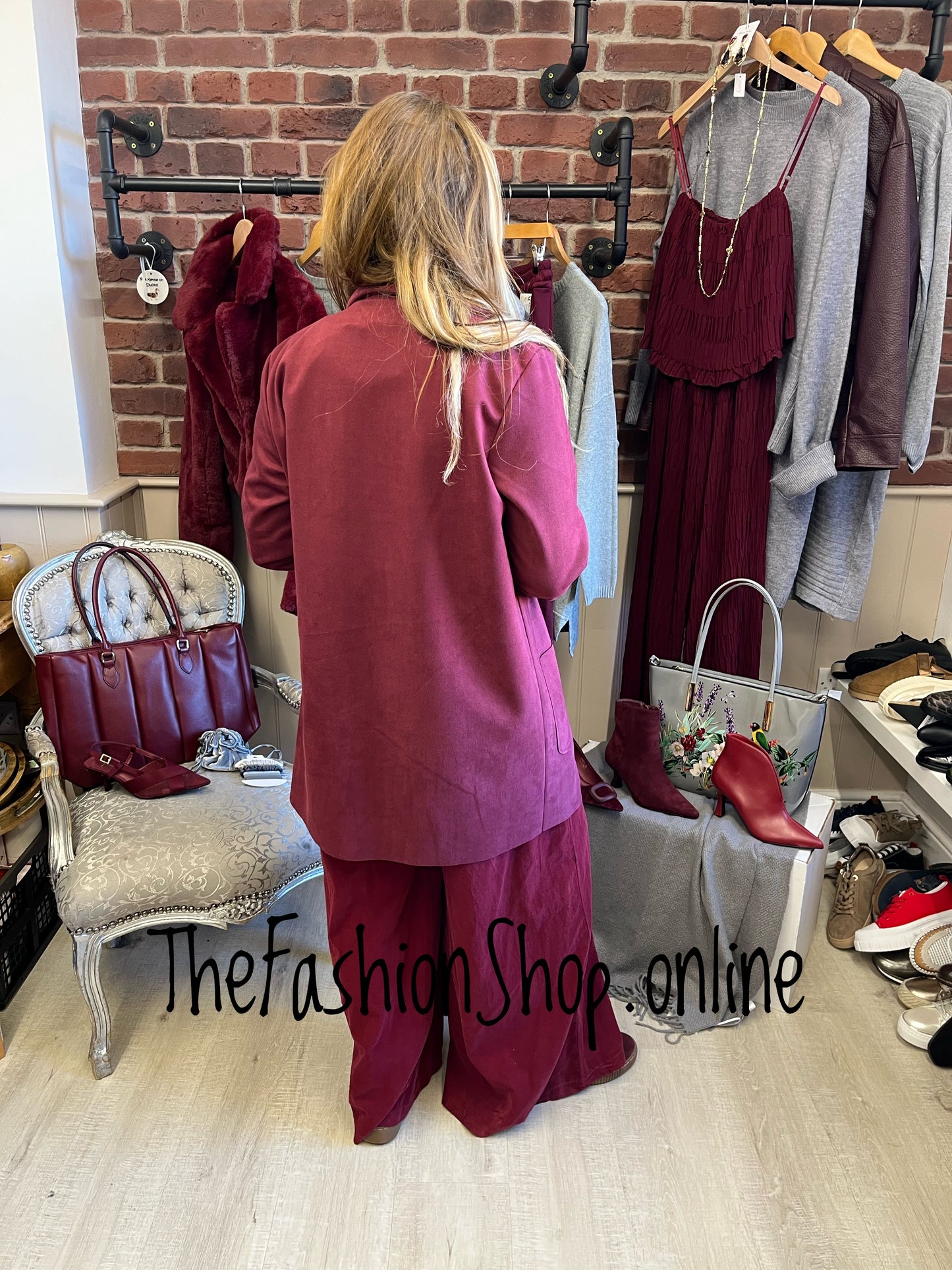 Cassie wine faux suede mid length jacket 10-16