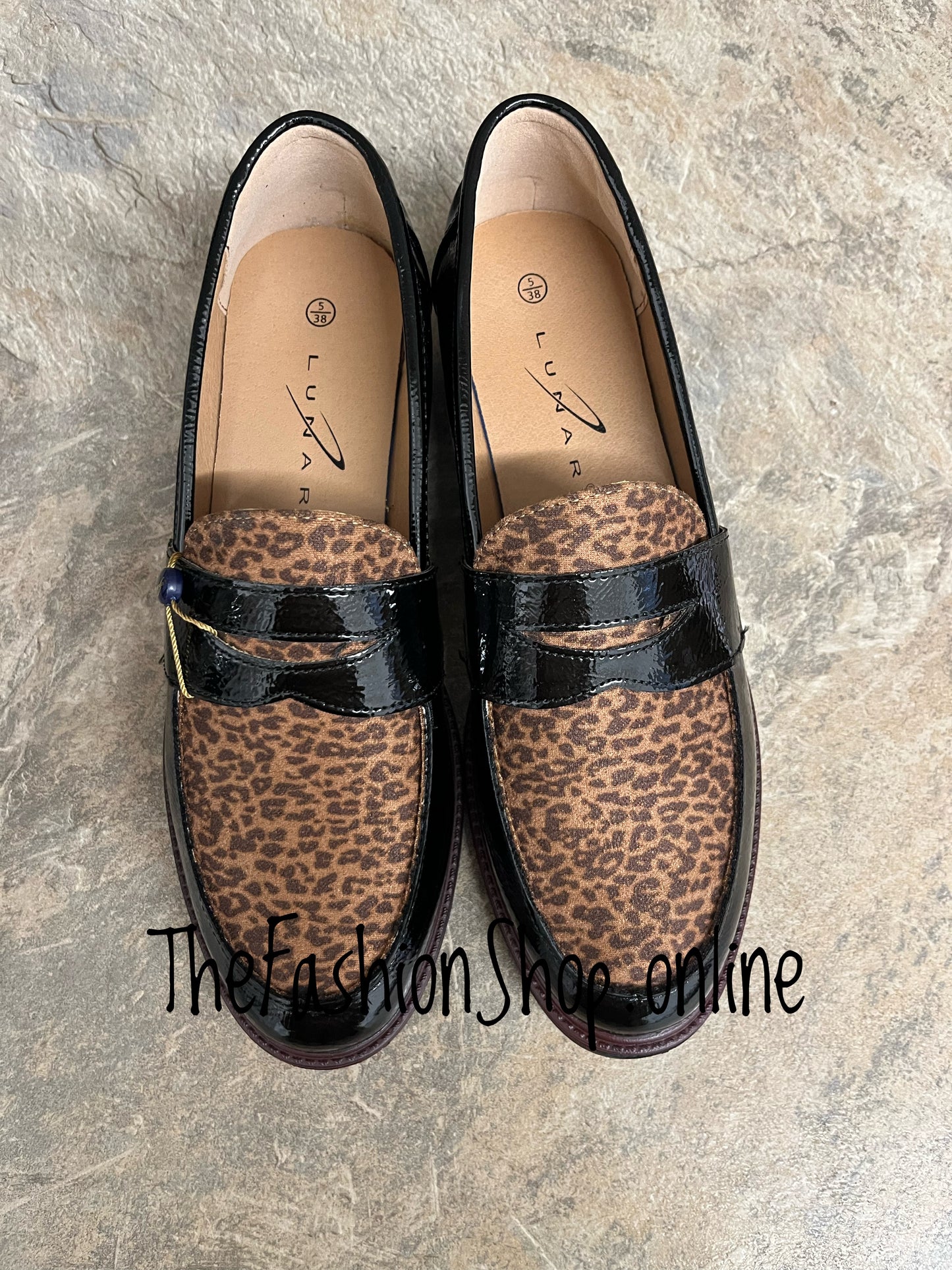 Lunar Titan black patent leopard print loafers sizes 4-8 (37-41)
