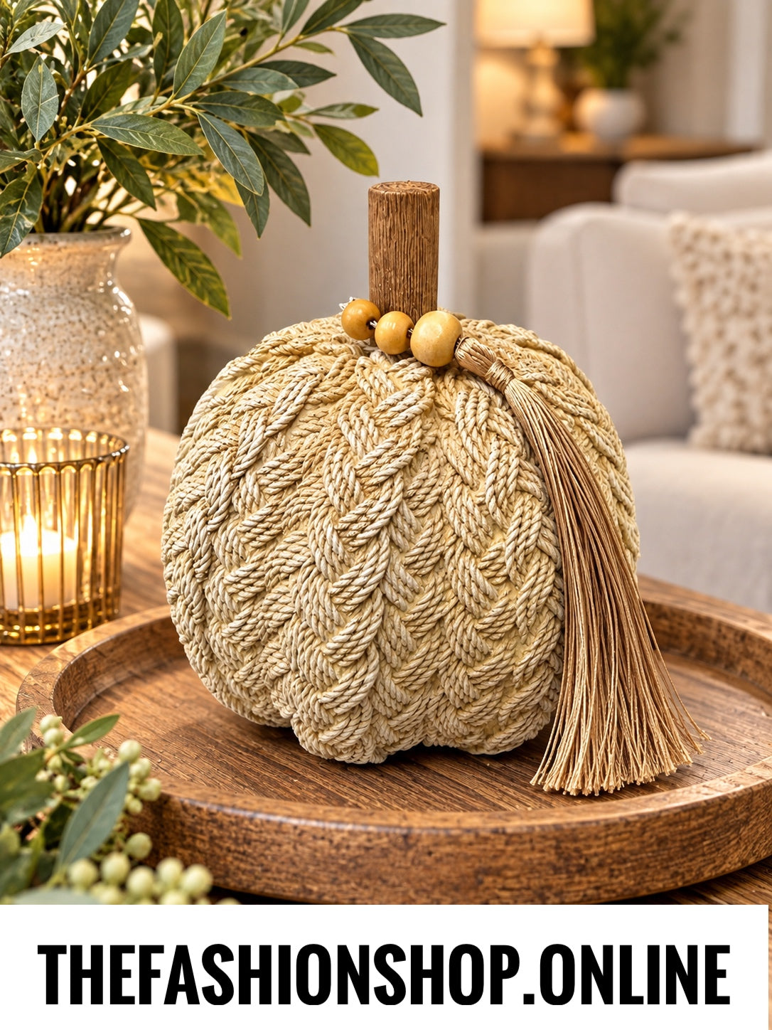 The Harvest Home Resin Knitted Pumpkin in Beige