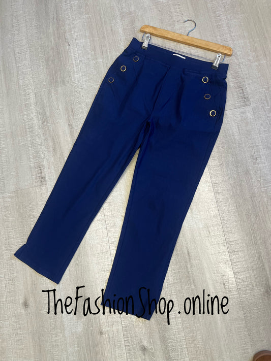 Kelsey navy cropped button trousers sizes 10-18
