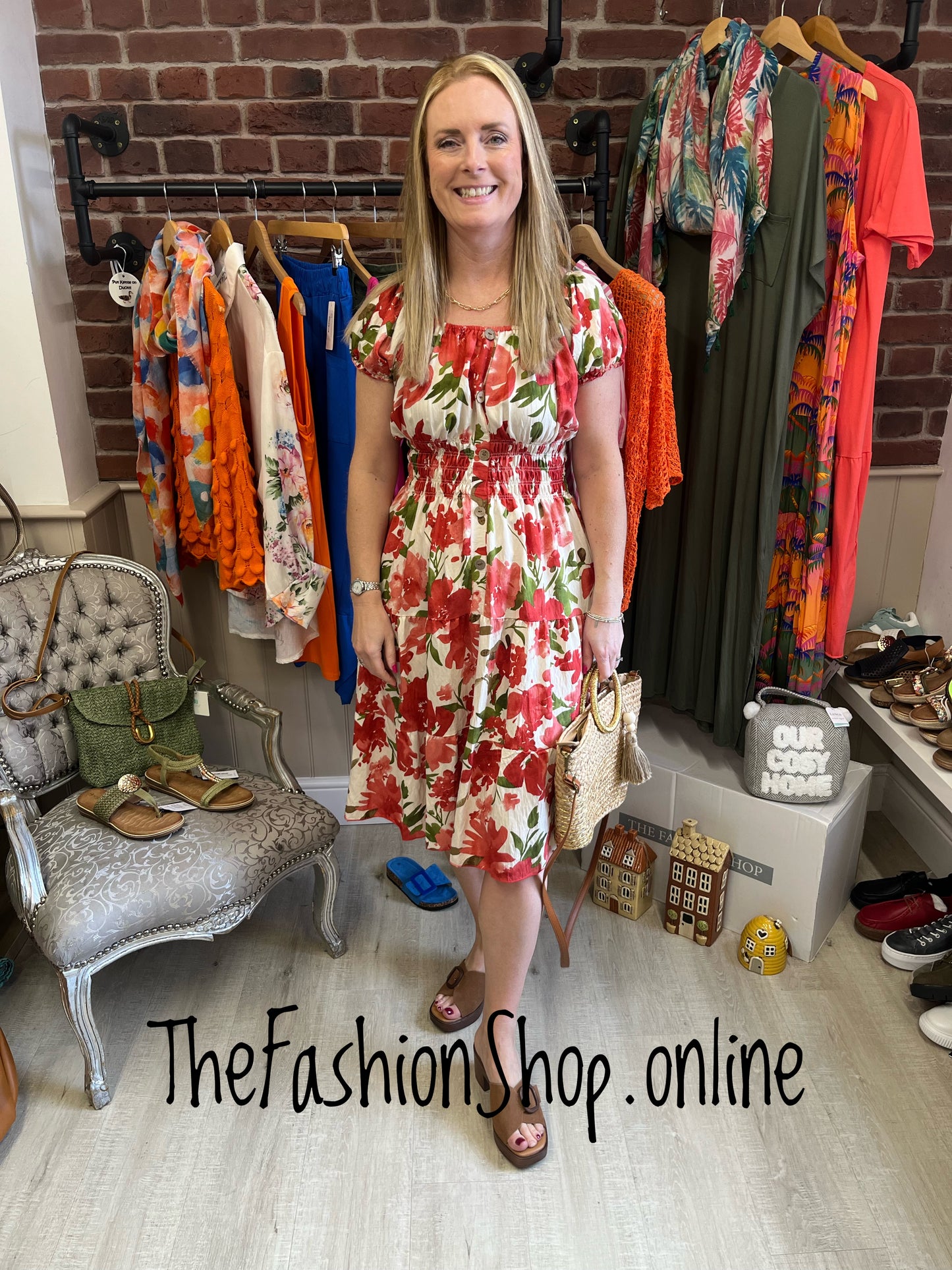Avril Coral Red and Green floral gypsy midi dress 8-16
