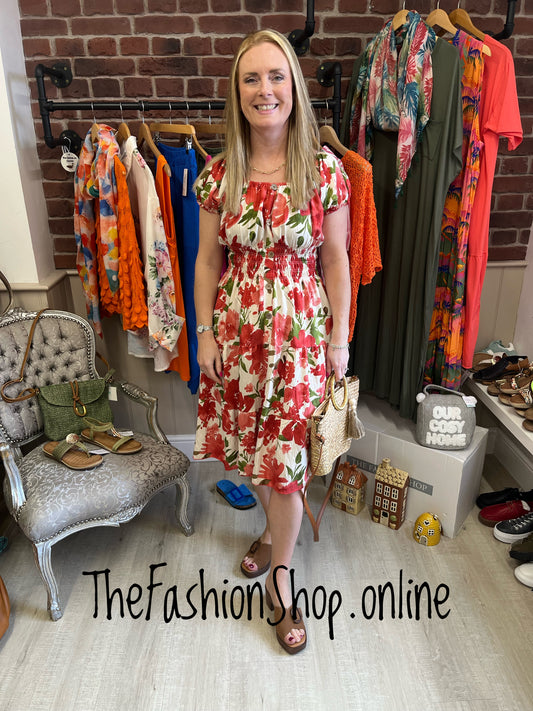 Avril Coral Red and Green floral gypsy midi dress 8-16