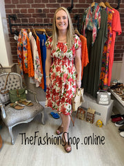 Avril Coral Red and Green floral gypsy midi dress 8-16