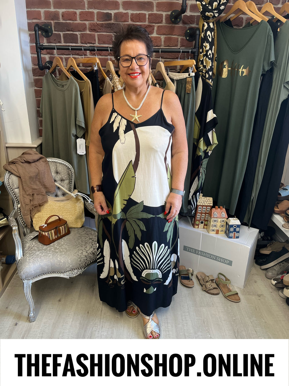 Fly Out Scenic Palm Tree Strappy Linen Mix Dress in Black 12-18
