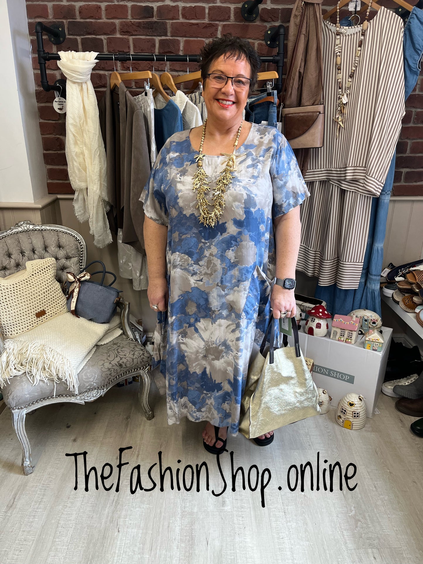 Keely blue and mocha print dress 14-20
