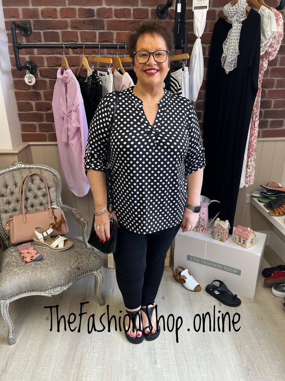 Jasmine Black with White Polka Dot print blouse 14-22