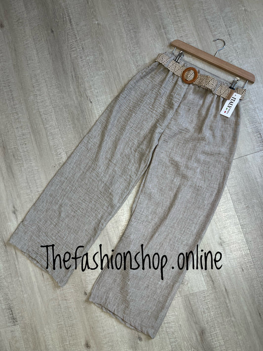 Anna beige linen mix trousers with belt 8-14