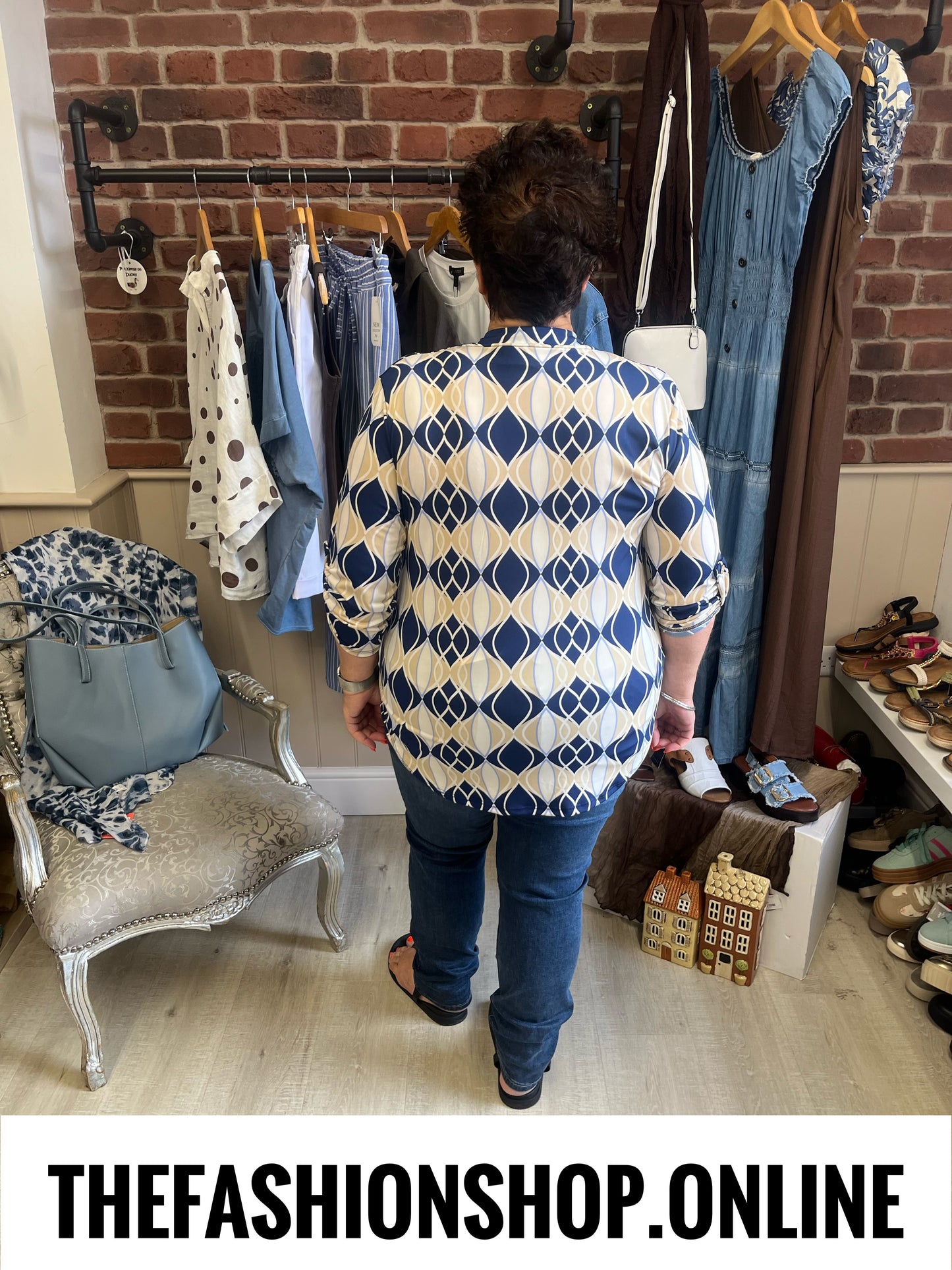 Jasmine navy and beige geometric print blouse 14-22