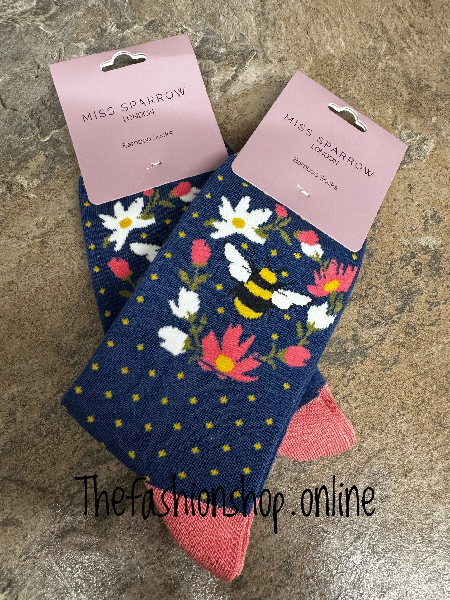 Miss Sparrow Navy Bumble Bee Wreath Bamboo socks 3-7