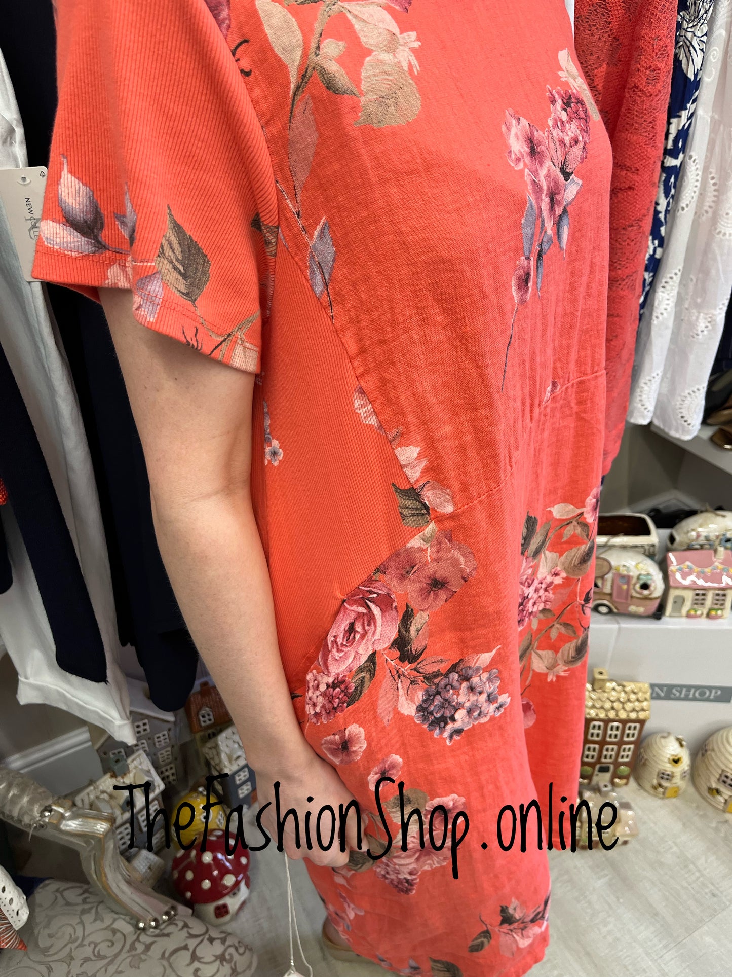 Helena coral linen floral dress 12-16