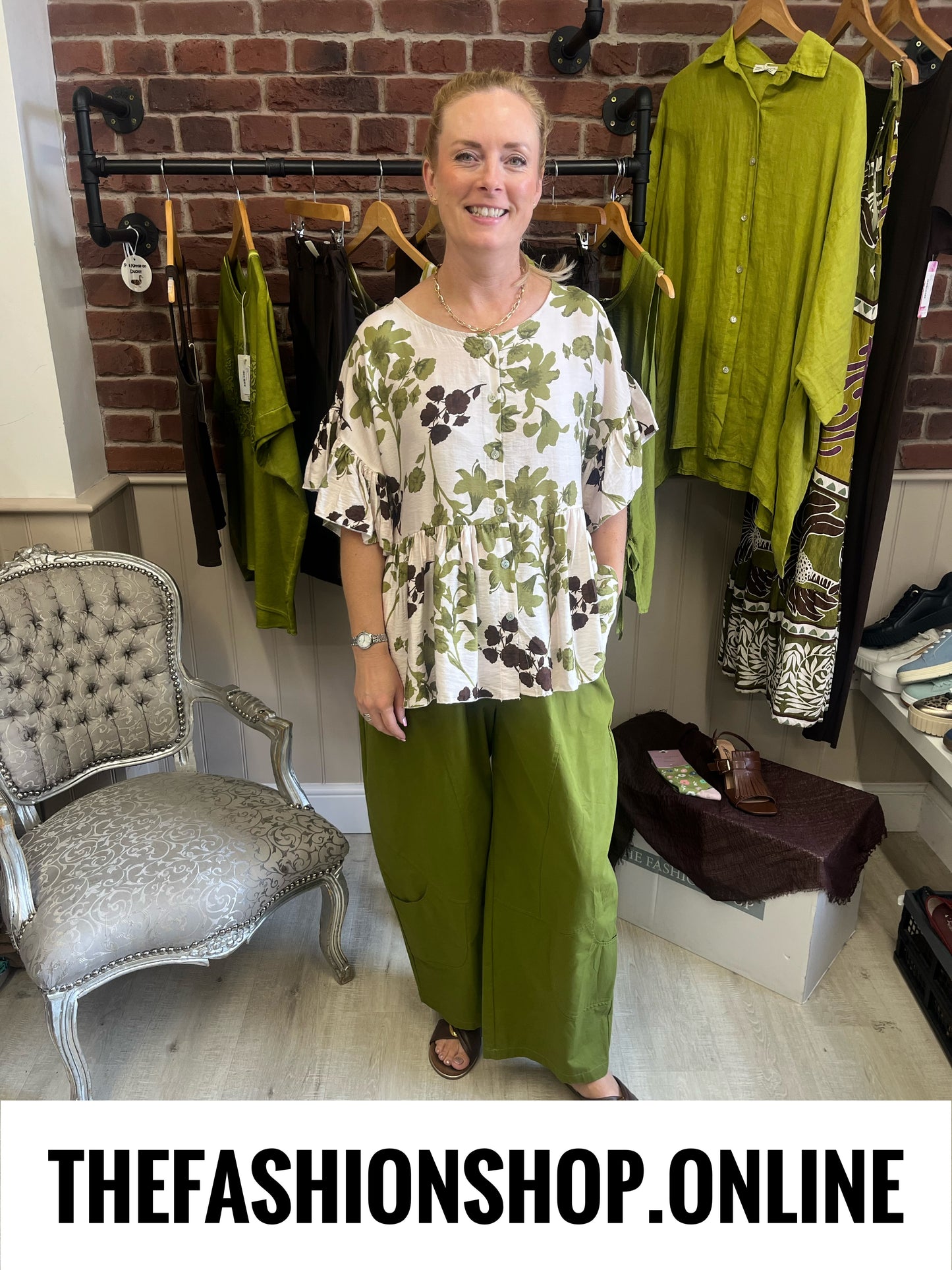 Erica olive and brown floral frill blouse 8-14