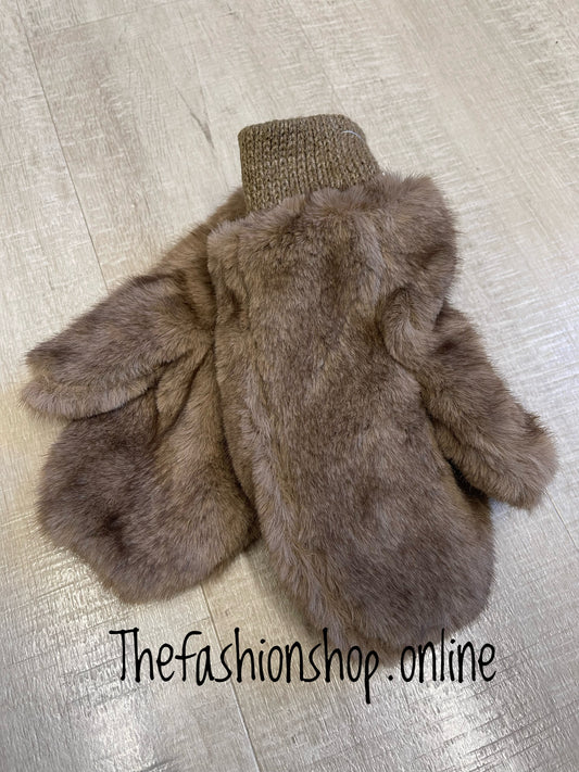 Huddys Taupe Faux Fur Mittens With Cuff