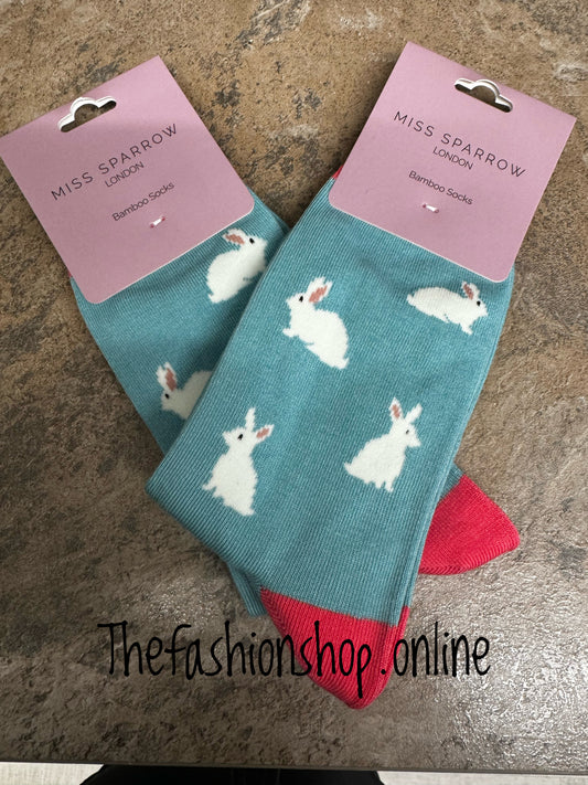 Miss Sparrow Duck Egg Blue Rabbits Bamboo socks 3-7