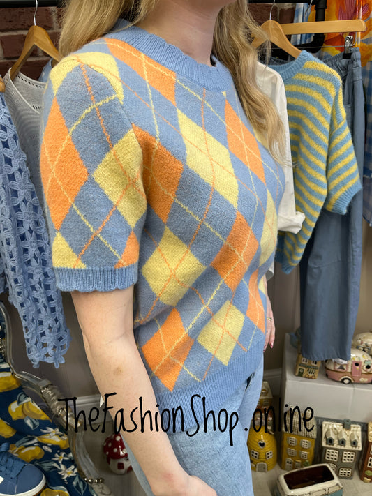 Orla blue, orange and yellow argyle knitted top 8-14