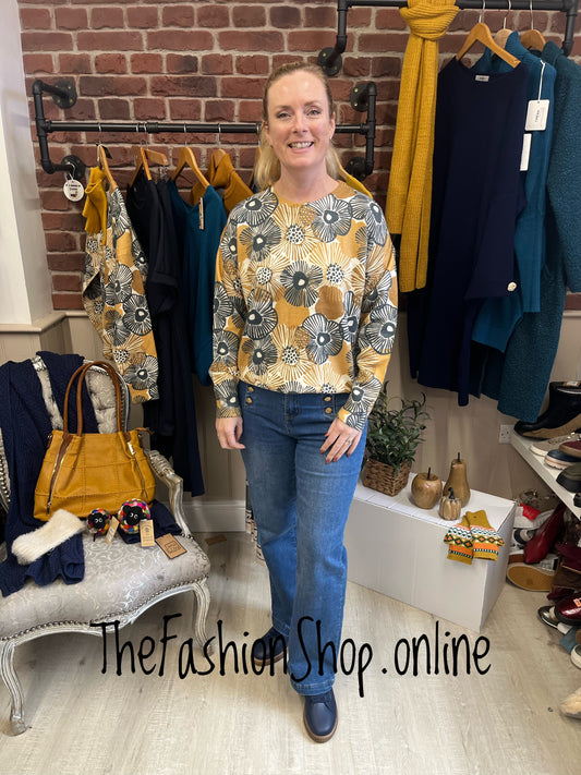 Hallie navy and mustard flowers wool mix jumper 8-14