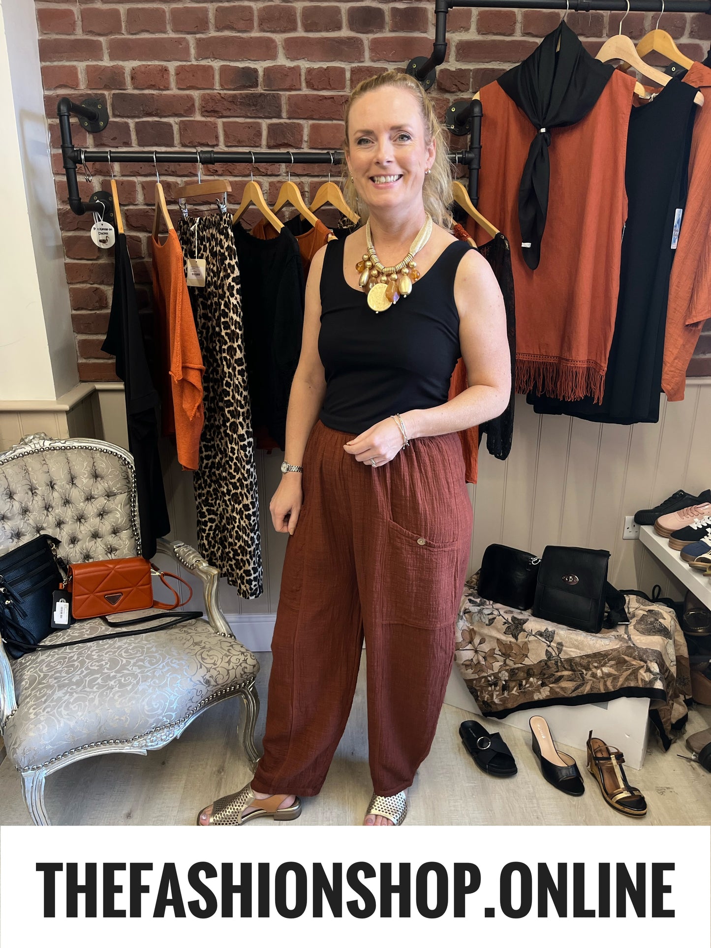 Lydia cinnamon cheesecloth trousers 10-16