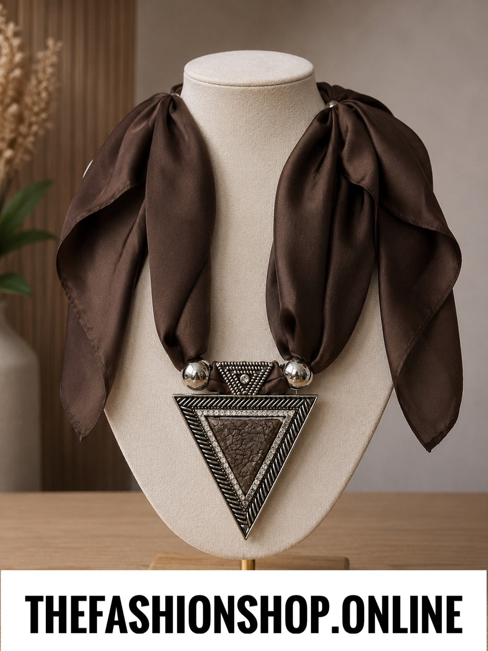 Tri Luxe Pendant in Brown with Satin scarf