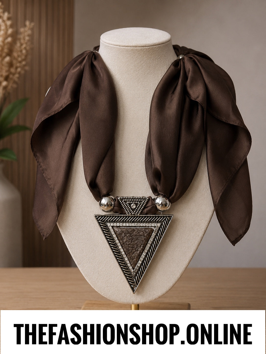 Tri Luxe Pendant in Brown with Satin scarf