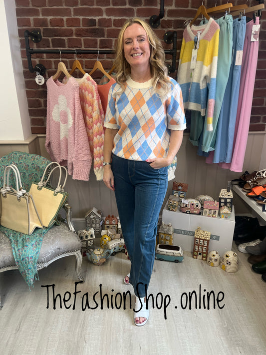 Orla peach, blue and cream argyle knitted top 8-14