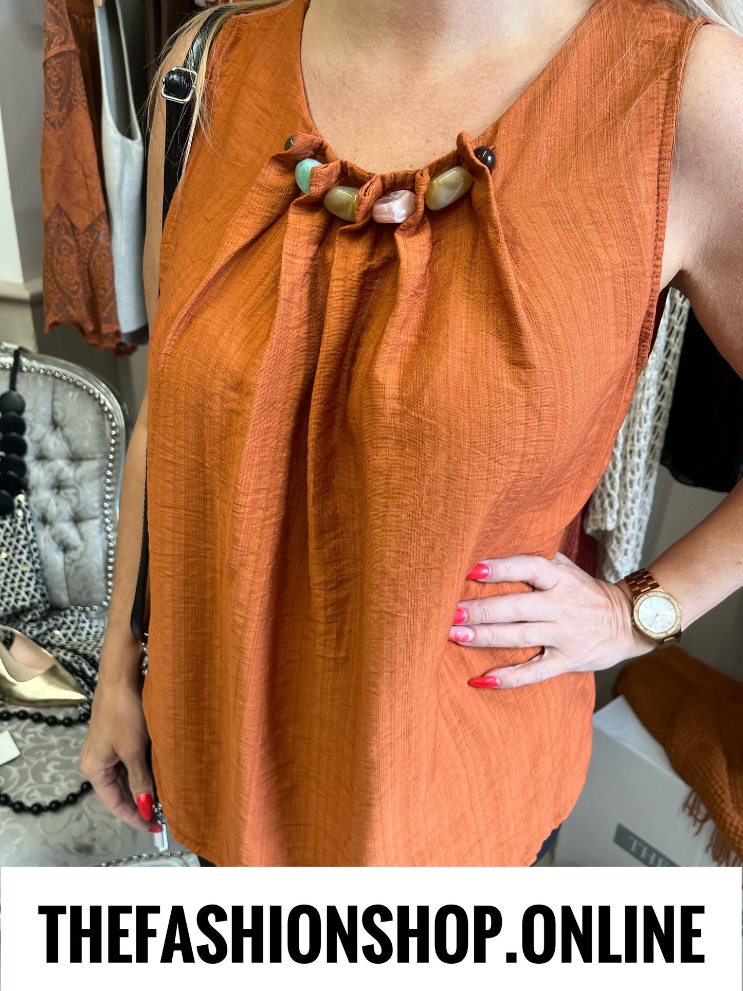 Sierra cinnamon straight hem beaded  top 8-16