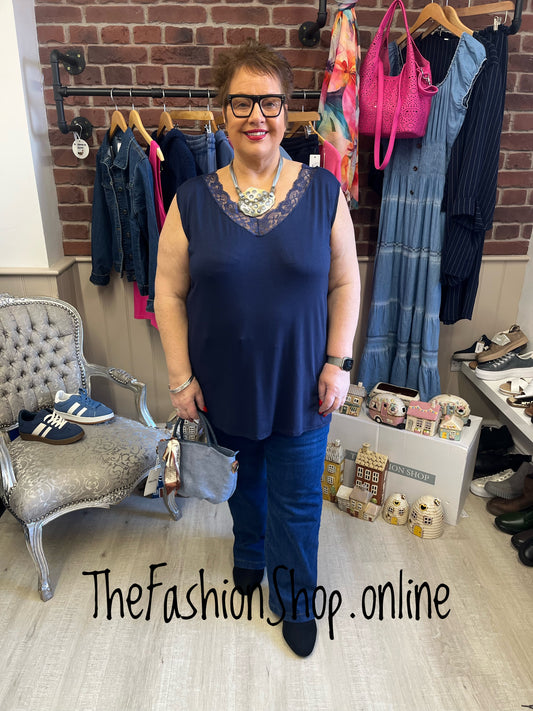 Annette navy lace trim sleeveless top 16-22