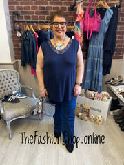 Annette navy lace trim sleeveless top 16-22