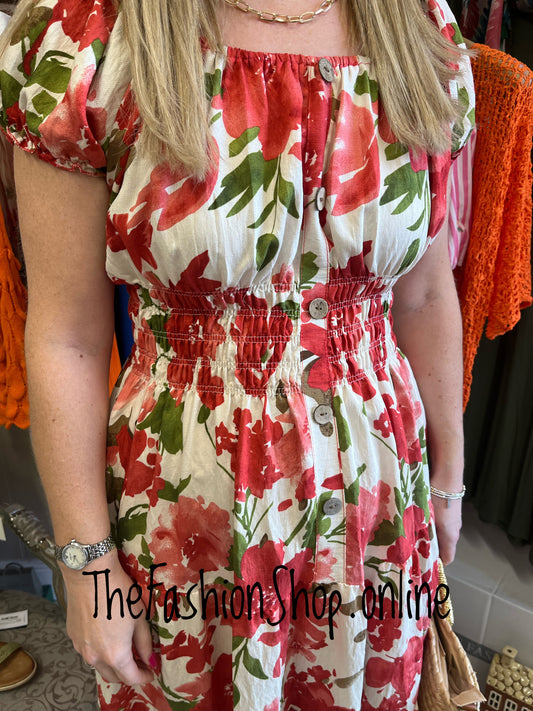 Avril Coral Red and Green floral gypsy midi dress 8-16