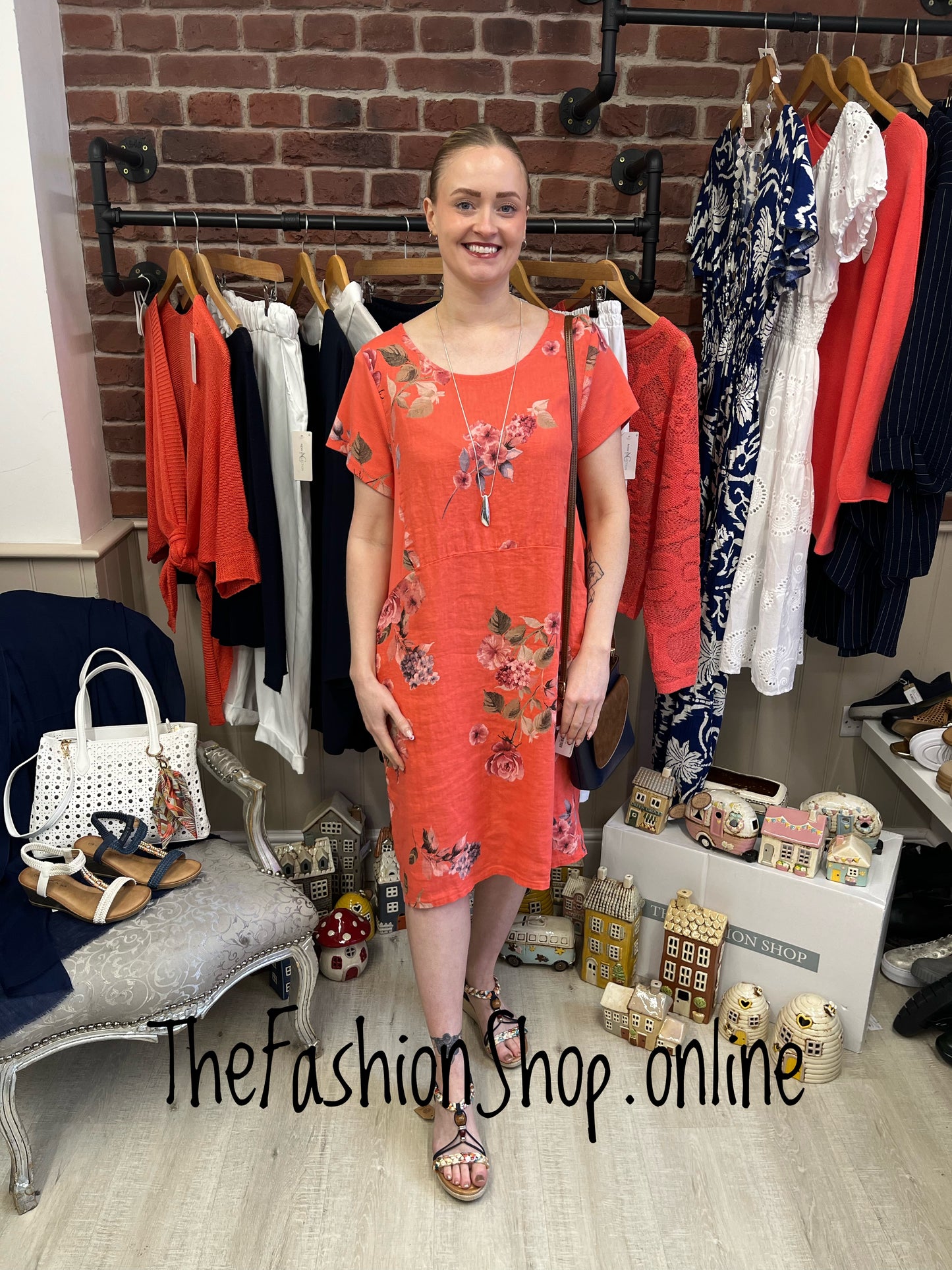 Helena coral linen floral dress 12-16